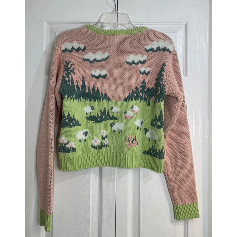 ZARA Women's Knit Jacquard Fuzzy Sheep Landscape Cardigan Pink Green Size S‎ - Picture 13 of 16